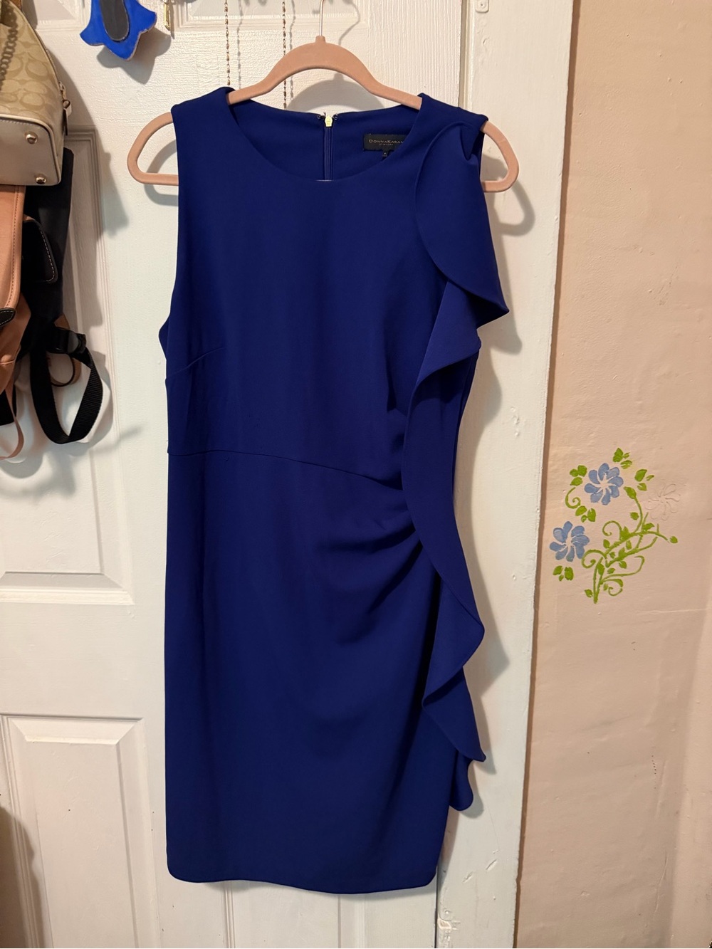 Donna Karan Cobalt Blue Sleeveless Ruffle Sheath Midi Dress